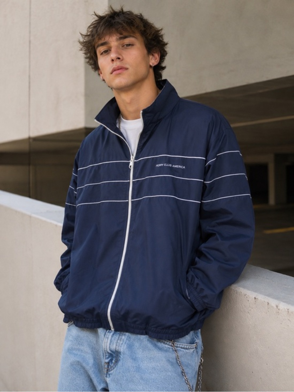 Y2K Perry Ellis America Navy Blue Windbreaker Jacket Size XL